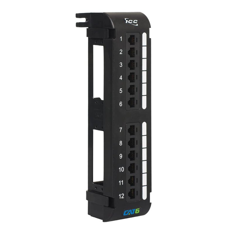 ICC CAT6 Patch Panel, UL Listed & PoE++ Rated Gigabit Applications, Wall Mount 12 Port Network Patch Panel with Rear 110 IDC Terminal Blocks and 89D Wall Mount Bracket, Black - Image 1